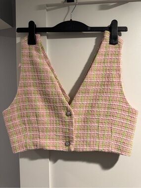 ZARA Pink Tweed Cropped Vest with Green Accents NWOT